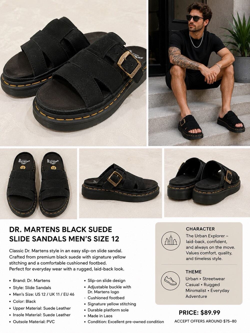 🆕Dr Martins Air Wair Men’s Adjustable Sandals Black Suede Size 12 Comfort Slide